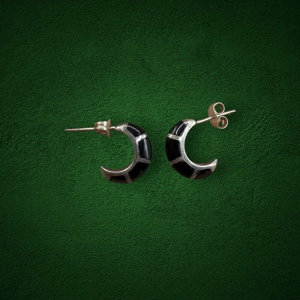Sterling Silver Black Onyx Inlay Small Crescent Half Hoop Stud Earrings